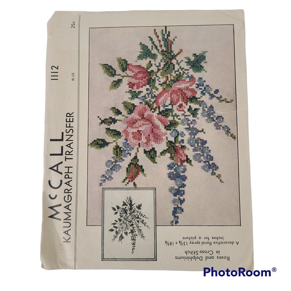 Vintage 1944 cross stitch transfer roses delphiniums, unused